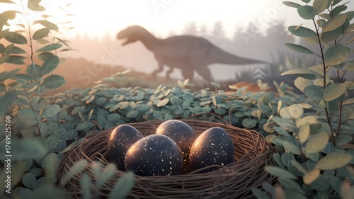 A photo of a close-up shot of a dinosaur nest with glowing, speckled eggs nestled in soft foliage.