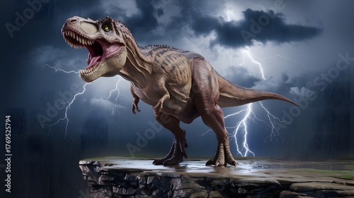 An ultra-realistic style image of a Tyrannosaurus rex standing on a rocky cliff during a thunderstor