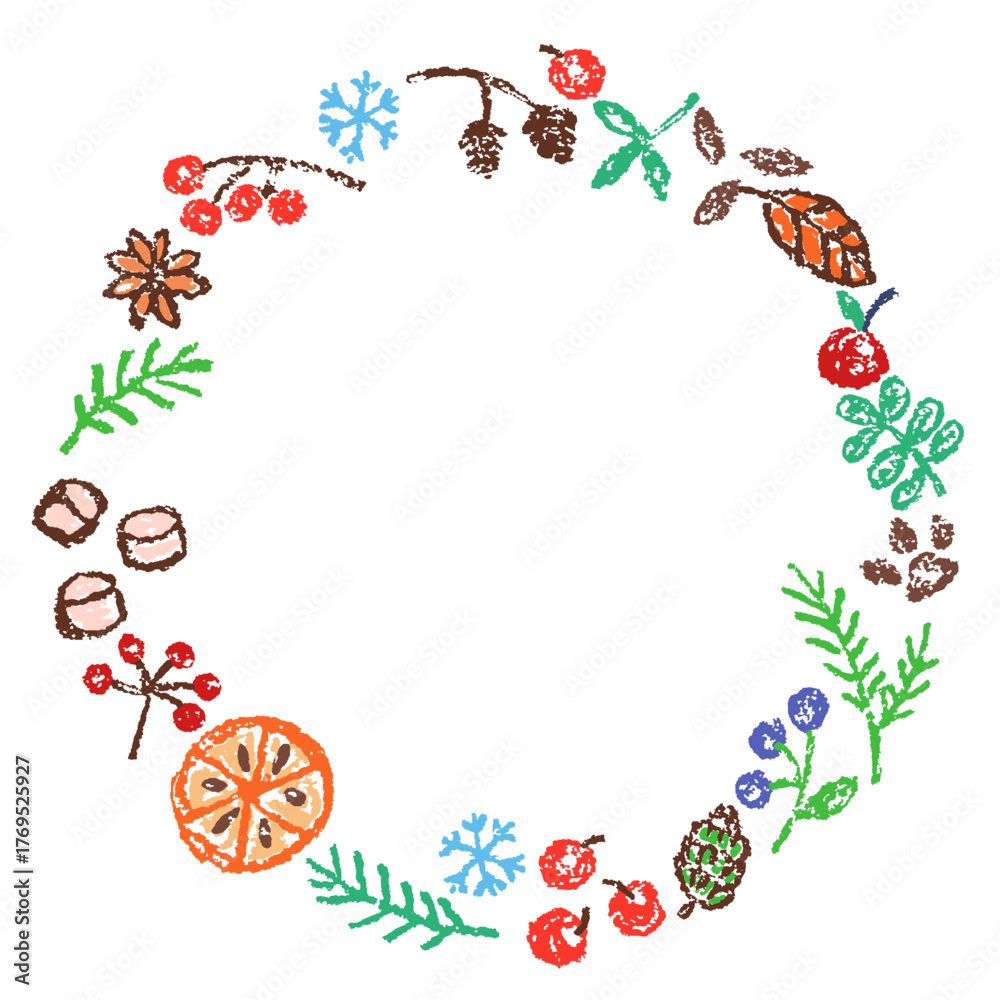 Fototapeta premium Christmas holiday spices round frame border background like Christmas wreath. Cinnamon, red berry, branch. Crayon, pastel chalk or pencil kids hand drawing doodle funny style. Cartoon simple vector
