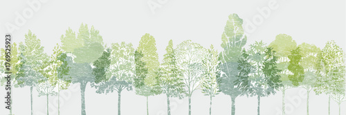 Minimal CAD tree line drawing and wetland forest section vector set, side view architectural illustration for landscape design, planning, and environmental elevation presentation.
