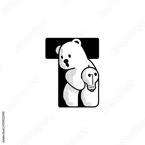 Charming cartoon bear holding a creative face lightbulb idea, integrated with a bold letter T. Black and white vector illustration.
