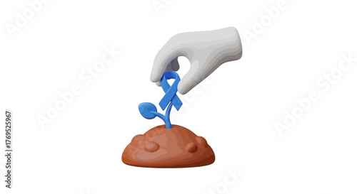 A white hand holds a small blue plant sprouting from a brown soil mound against a clean white background with a neutral mood.