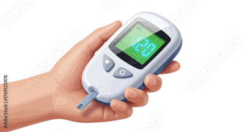 Close-up of a hand holding a blood glucose meter with a green display screen on a plain white background.
