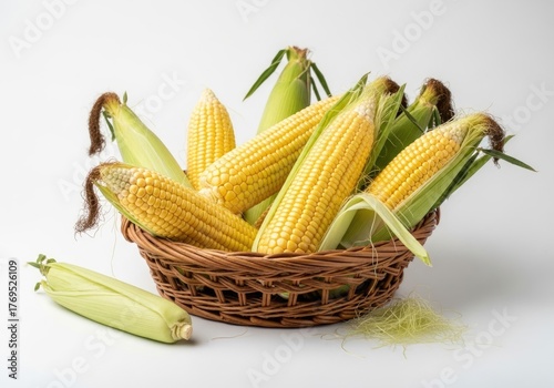 Fresh corn cobs in a wicker basket isolated on white background
