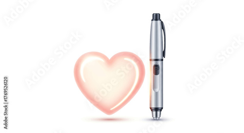 A silver pen with a black tip and orange accents stands next to a glowing pink heart on a white background with soft shadows, conveying a loving and creative mood in a simple composition.