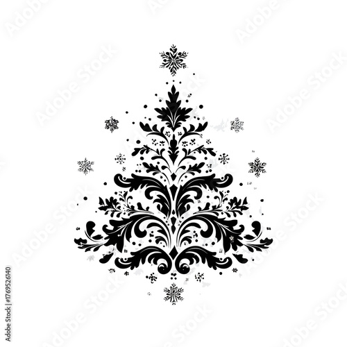 Elegant black and white ornamental Christmas tree vector graphic with swirling floral patterns and snowflakes, festive holiday design element.