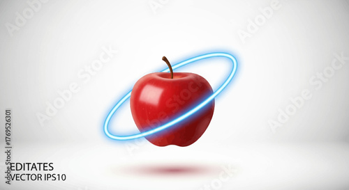 A red apple with a blue glowing ring orbits around it on a white background with a subtle shadow effect.