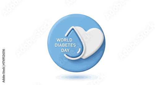 Blue circle logo with a white heart and droplet design for World Diabetes Day on a plain white background with a shallow focus.