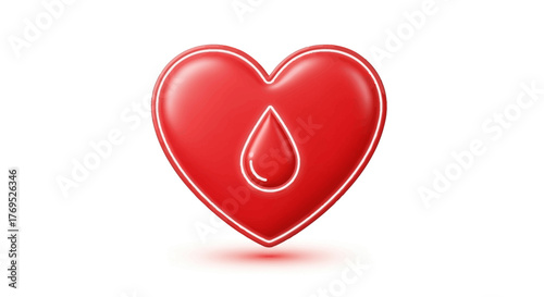 A red heart icon with a drop of blood inside, set against a clean white background with a subtle shadow effect.