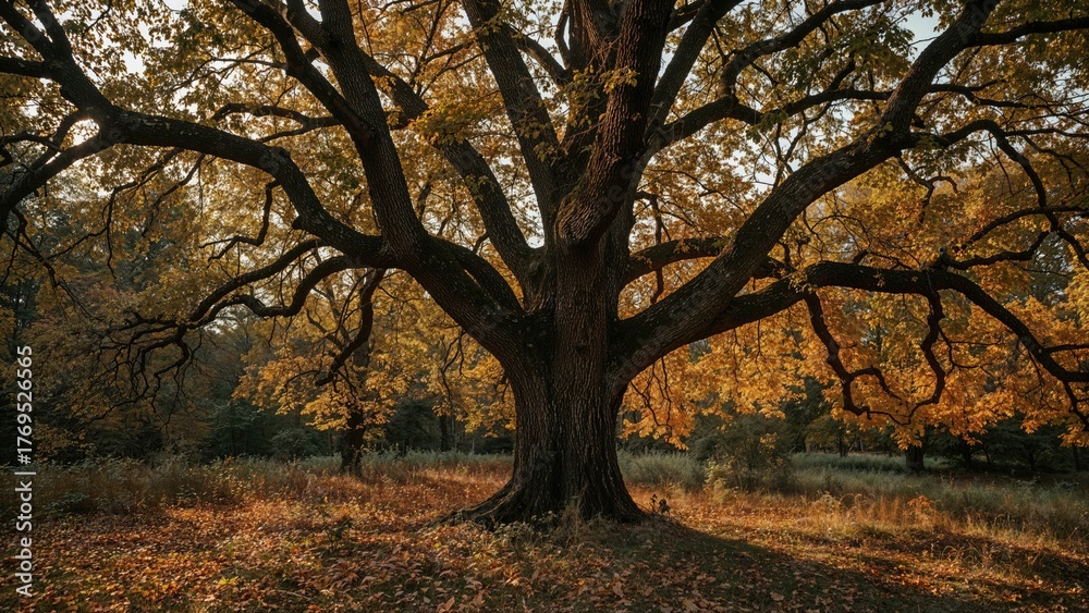 Naklejka premium Grove of oak trees by autumn forest