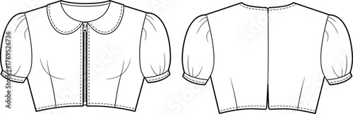Cropped blouse fashion illustration front and back, puff sleeve garment sketch, e