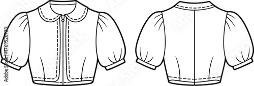 Cropped blouse technical drawing, puff sleeve fashion sketch, Peter Pan collar garment outline, button front clothing design, apparel flat template, vector illustration