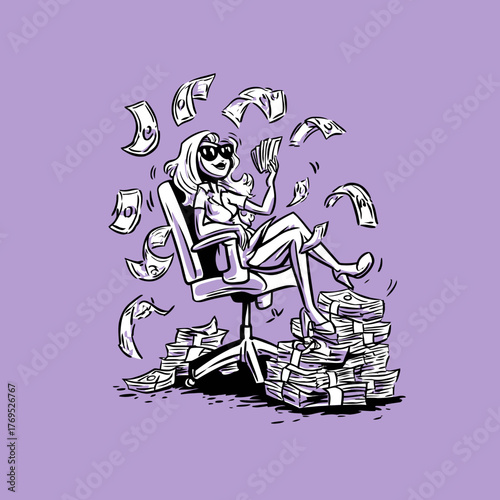 Happy wealthy woman in sunglasses sitting on office chair with stacks of cash and money falling, concept of financial success, abundance, and luxury.