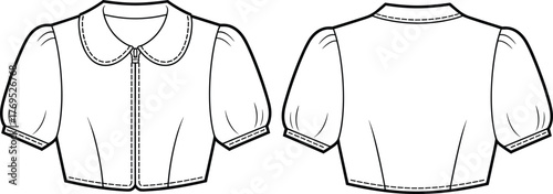 Cropped blouse technical drawing, puff sleeve fashion sketch, Peter Pan collar garment outline, zipper front clothing design, apparel flat template, vector illustration