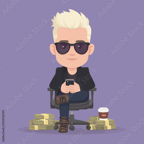 Successful young entrepreneur cartoon with sunglasses, smartphone, money stacks, and coffee cup. Digital business, financial freedom.