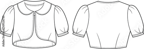 Cropped jacket technical drawing, bolero fashion sketch, puff sleeve garment outline, Peter Pan collar design, clothing template, apparel flat illustration, vector