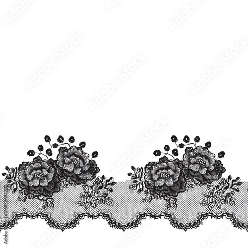 Beautiful seamless black lace border with intricate floral rose patterns and berries, vintage decorative graphic element on white background