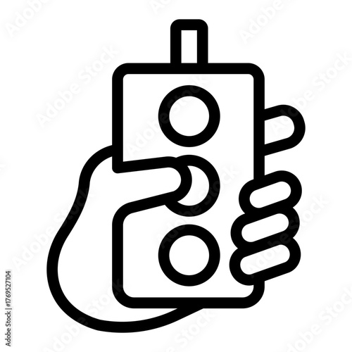Wired remote with buttons in hand line icon, manufacturing concept, factory control process sign on white background, outline style for mobile web design. Vector graphics.