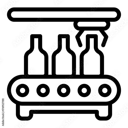 Conveyor with bottles and robotic arm claw line icon, manufacturing concept, factory belt bottling sign on white background, outline style for mobile web design. Vector graphics.