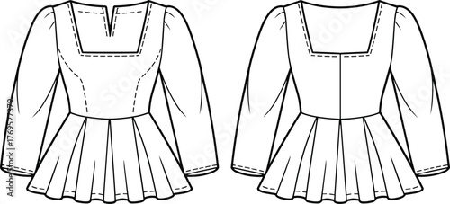 Technical flat sketch women’s blouse, fashion illustration front and back view, square neckline, puff sleeves, pleated peplum hem garment drawing