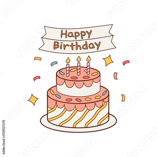 Cute two tier birthday cake with candles and confetti