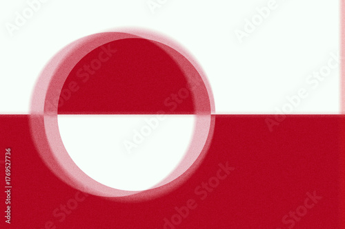 A minimalist composition showcasing a bold red and white color scheme bisected horizontally, featuring a translucent circle overlay that adds depth and visual interest to the abstract