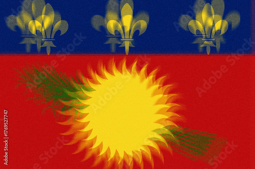 Abstract representation of Guadeloupe's flag blending the fleurs-de-lis with a vibrant sun and palm frond, creating a visually dynamic composition with a slight vintage texture and