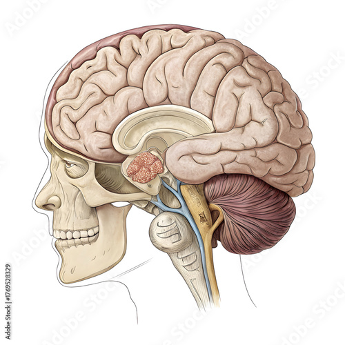 Detailed side view illustration of human brain isolated on white background, showing anatomy