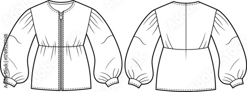 Technical flat sketch, long sleeve blouse with puff sleeves, front zipper closure, fashion illustration, garment construction, 