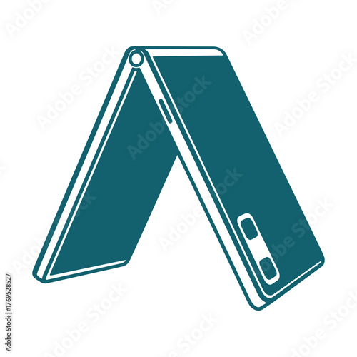 Teal folding smartphone icon open in v shape on white background mobile device
