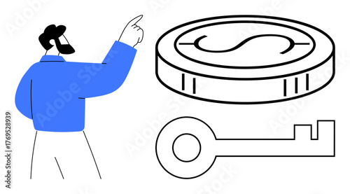 Businessperson gesturing toward a coin and key, symbolizing financial growth, wealth, security, planning, access, opportunity, and business solutions. Ideal for finance investment savings success