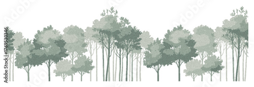 Architectural vector illustration of minimal CAD trees and wetland forest outlines, side-view line drawing elements for professional landscape design, garden planning, and elevation presentations.