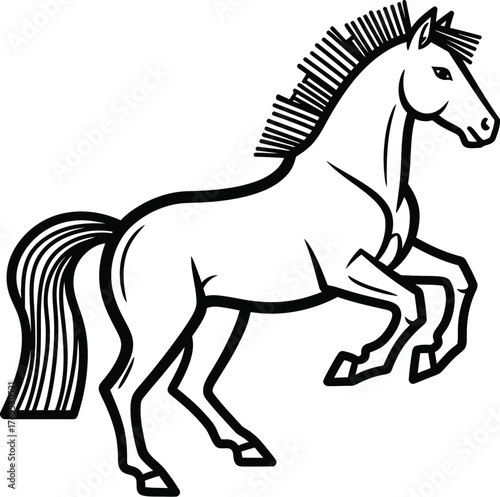 A black and white drawing of a horse rearing up on its hind legs