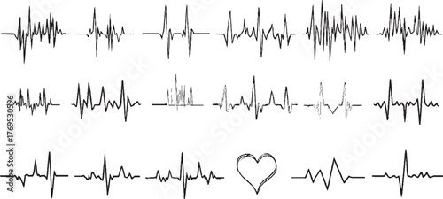 Collection of electrocardiogram waveforms and hand drawn heart symbol in black on white background