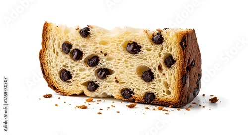 Slice of panettone filled with chocolate chips, soft bread texture, visible crumbs, on pure white background.