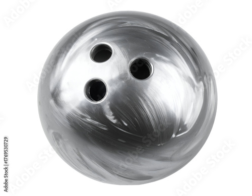 Silver marbled bowling ball with three finger holes, glossy surface, studio close-up product photo, on isolated background