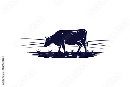 One color illustration of a cow standing peacefully in a lush farm field clean vector art
