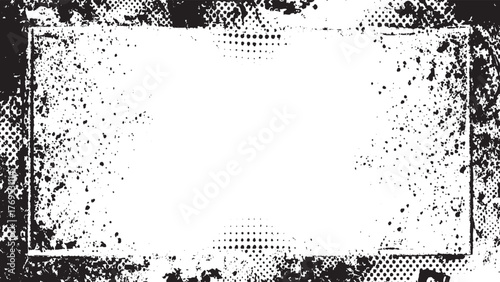 Black and white distressed grunge frame with scattered dots and halftone patterns.