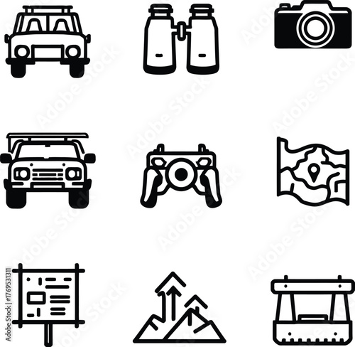 Monochrome Vector Icon Grid Depicting Travel, Exploration, and Adventure Elements Including Vehicles, Navigation Tools, and Outdoor Symbols
