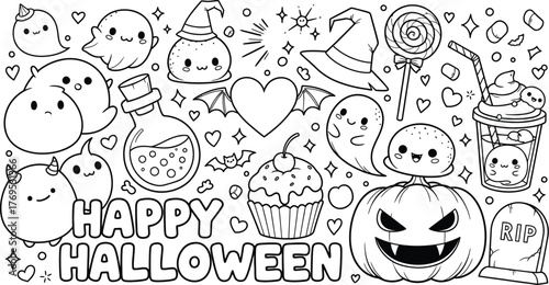 A cute halloween coloring page with ghosts and pumpkin and other elements