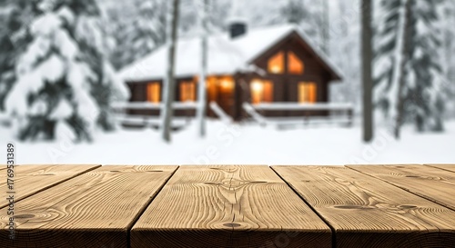 Empty wooden table top with blurred winter landscape and cabin background