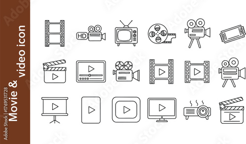 Collection of movie and video icons in outline style on a white background