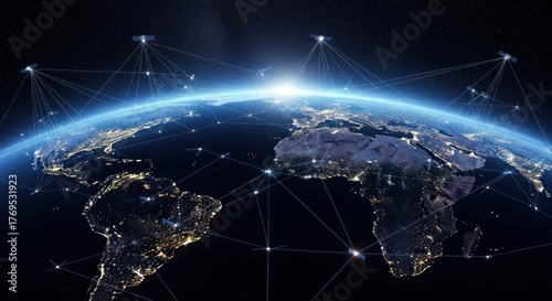 The Earth's horizon with a glowing sun and a network of connections across the globe.