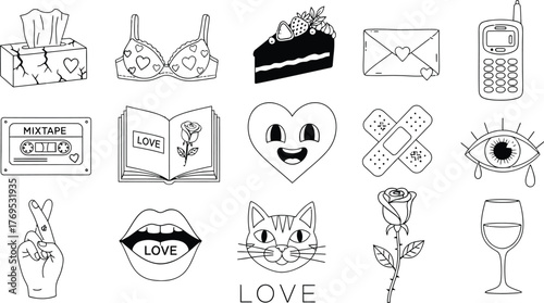 Assorted love themed images including heart rose and other objects