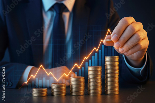 Businessman placing coin on stack with rising financial graph and bar chart finance money