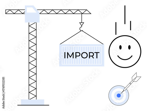 Crane hoisting an Import container with a falling happy face and a center-hit target. Ideal for trade, logistics, success, goal achievement, happiness, planning, progress. Simple flat metaphor