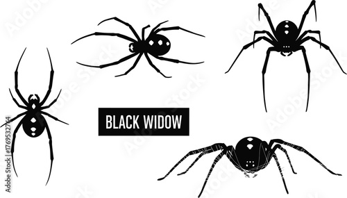 Illustration of four black widow spiders with webs on a brown background