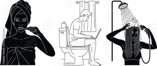 Illustrations of people brushing teeth working on toilet and showering