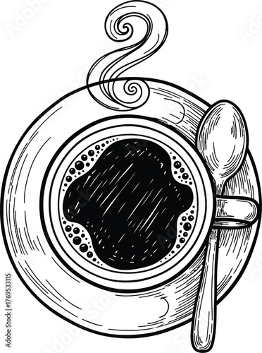 Top view of coffee cup with steam and spoon on saucer line drawing
