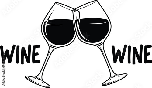 Two wine glasses clinking with the word wine written on either side